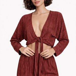 Onia Burgundy Crinkle Tie Front Crop Top Women’s Medium Versatile Long Sleeve